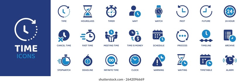 Coleção de Ícones de Hora. O conjunto de linhas finas contém ícones como tempo, relógio, relógio, temporizador, hora, minuto, segundo e muito mais. Conjunto de ícones simples da Web.