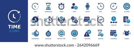 Time Icon Collection. Thin Line Set contains such Icons as Time, Clock, Watch, Timer, Hour, Minute, Second and more. Simple web icons set.