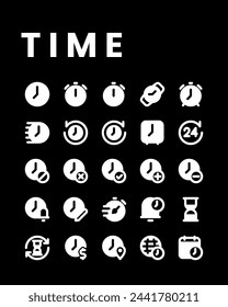Time icon collections in glyph style, including watch, hour, clock, alarm, timer, history, schedule and other.