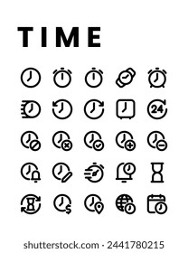 Time icon collections in line style, including watch, hour, clock, alarm, timer, history, schedule and other.