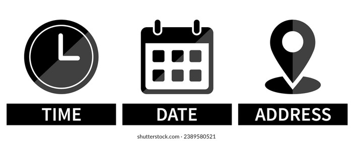 Time icon, Date icon, Address icon vector illustration, Event elements sign symbol isolated , Date symbol, Time symbol , Address symbol, date sign, calendar sign, location sign isolated