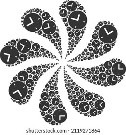 Time icon explosion spin flower salute composition. Flower burst created from scattered time icons.