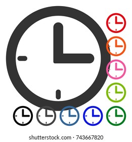 Time icon. Flat grey pictogram symbol inside a blue rounded squared frame. Black, gray, green, blue, red, orange color versions of Time vector. Designed for web and application UI.
