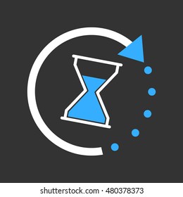 Time icon. Flat vector illustration with hourglass on black background. 
