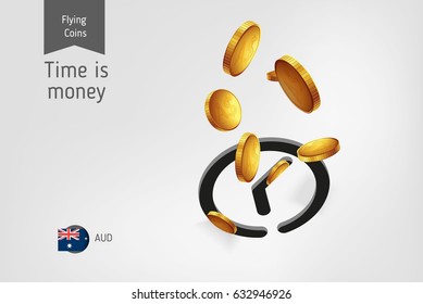 Time icon with flying australian dollar coins, finance concept.