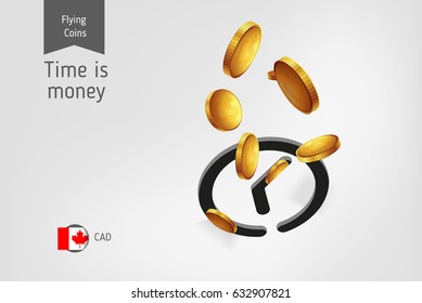Time icon with flying canadian dollar coins, finance concept.