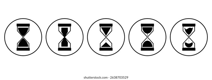 time icon. hourglass icon vector on white background. Minimalist silhouette of an hourglass with flowing sand.