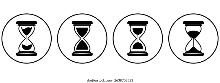 time icon. hourglass icon vector on white background. Minimalist silhouette of an hourglass with flowing sand.