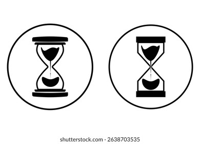 time icon. hourglass icon vector on white background. Minimalist silhouette of an hourglass with flowing sand.