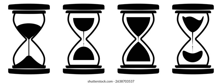 time icon. hourglass icon vector on white background. Minimalist silhouette of an hourglass with flowing sand.