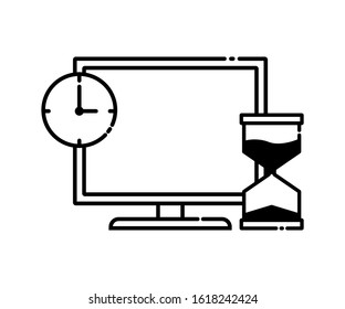time icon on the computer. computer icon outline isolated wall clock and hourglass icons