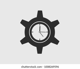 Time icon on gray background with gear symbol.