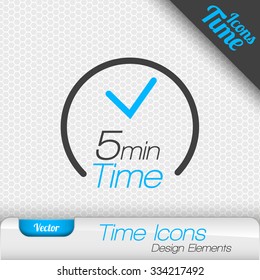 Time icon on the gray background. 5 minutes symbol. Vector design elements.