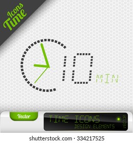 Time icon on the gray background. 10 minutes symbol. Vector design elements.