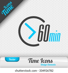 Time icon on the gray background. 60 minutes symbol. Vector design elements.