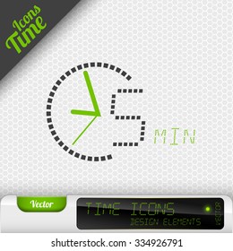 Time icon on the gray background. 5 minutes symbol. Vector design elements.