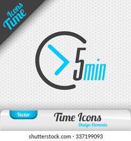 Time icon on the gray background. 5 minutes symbol. Vector design elements.