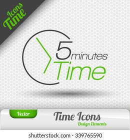 Time icon on the gray background. 5 minutes symbol. Vector design elements.