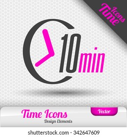 Time icon on the gray background. 10 minutes symbol. Vector design elements.