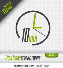 Time icon on the gray background. 10 minutes symbol. Vector design elements.