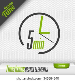 Time Icon On The Gray Background. 5 Minutes Symbol. Vector Design Elements.