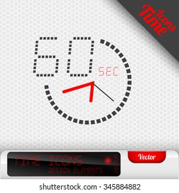 Time icon on the gray background. 60 seconds symbol. Vector design elements.