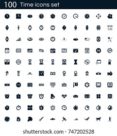 Time icon set with 100 vector pictograms. Simple filled isolated on a white background. Good for apps and web sites. 