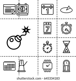 Time icon. set of 13 outline timeicons such as alarm, calendar, bomb, calendar 7 date, plan, wrist watch, sundial, hourglass, pendulum, clock
