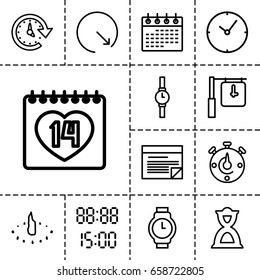 Time icon. set of 13 outline timeicons such as calendar, 14 date, hourglass, time, plan, wall clock, wrist watch, digital time, sundial, clock