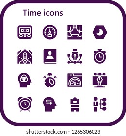  time icon set. 16 filled time icons. Simple modern icons about  - Speedometer, Scene, Night, Falling debris, Agenda, Vector, Stopwatch, Mind, Alarm, Speed, Alarm clock, Big ben