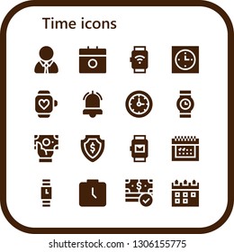 time icon set. 16 filled time icons.  Simple modern icons about  - Manager, Calendar, Smartwatch, Clock, Alarm, Clocks, Wristwatch, Money, Watch