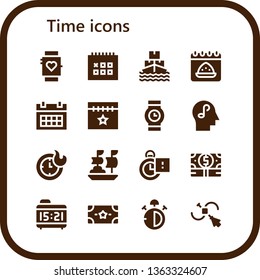 time icon set. 16 filled time icons.  Simple modern icons about  - Smartwatch, Calendar, Ship, Wristwatch, Mind, Clocks, Stopclock, Money, Alarm clock, Stop watch, Vector