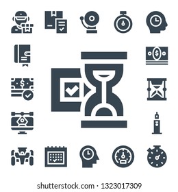 time icon set. 17 filled time icons.  Simple modern icons about  - Delivery, Agenda, Money, Hourglass, Vector, Clock tower, Race car, Calendar, Alarm, Mind, Stopwatch, Tachometer