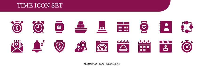  time icon set. 18 filled time icons.  Simple modern icons about  - Sale time, Alarma clock, Smartwatch, Ship, Delivery, Timetable, Agenda, Strategy, Money, Snooze, Business, Speed