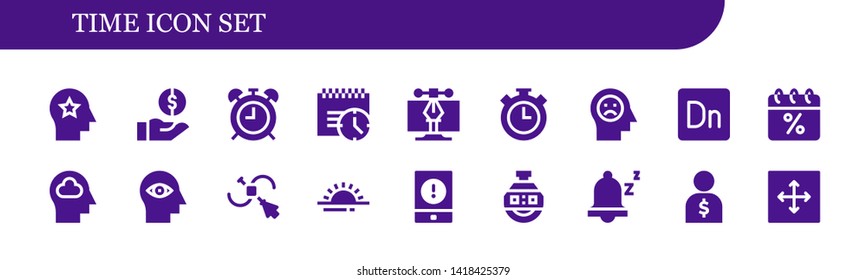 time icon set. 18 filled time icons.  Simple modern icons about  - Mind, Money, Alarma clock, Deadline, Vector, Stopwatch, Dimension, Calendar, Sunrise, Event, Stopclock, Snooze
