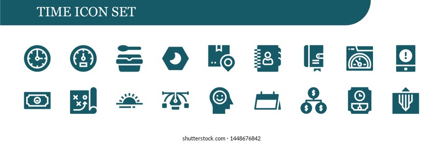 time icon set. 18 filled time icons.  Collection Of - Clock, Speedometer, Lunchbox, Night, Shipping, Agenda, Speed, Event, Money, Strategy, Sunrise, Vector, Mind, Calendar, Organization