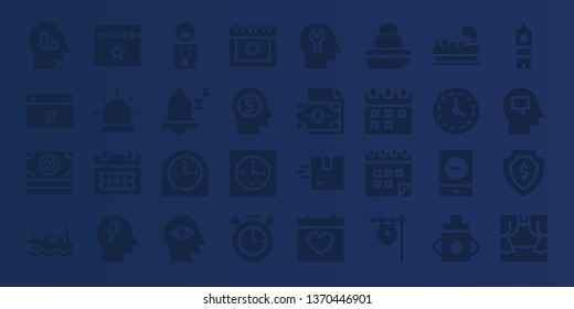 time icon set. 32 filled time icons. on blue background style Collection Of - Mind, Calendar, Money, Ship, Alarm, Manager, Snooze, Clock, Date, Timer, Delivery, Cargo, Wall clock