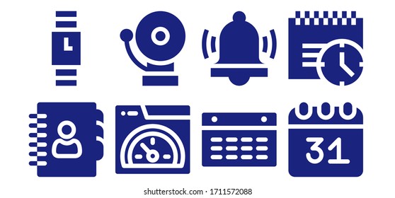 time icon set. 8 filled time icons.  Simple modern icons such as: Agenda, Wristwatch, Speed, Alarm, Calendar, Deadline