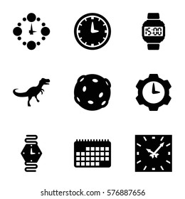 Time icon. Set of 9 Time filled icons such as wall clock, wrist watch, wrist dial watch, calendar, clock, gear clock, extinct sea creature