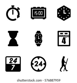Time icon. Set of 9 Time filled icons such as wall clock, caveman, wrist watch, 4th date calendar, 24 7 hour, 24 hour, hourglass, digital clock