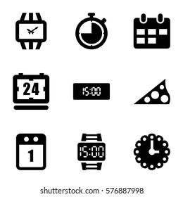 Time icon. Set of 9 Time filled icons such as wall clock, wrist watch, wrist dial watch, sundial, 1st day calendar, calendar, digital clock, clock