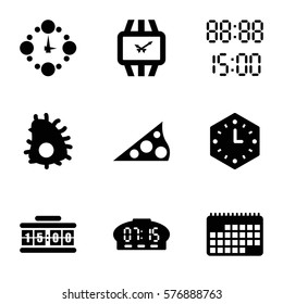 Time icon. Set of 9 Time filled icons such as wall clock, wrist watch, digital time, sundial, calendar, digital clock