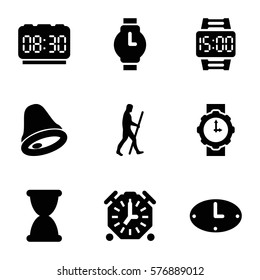 Time icon. Set of 9 Time filled icons such as wall clock, caveman, wrist watch, wrist watch for woman, wrist dial watch, hourglass, bell, digital clock