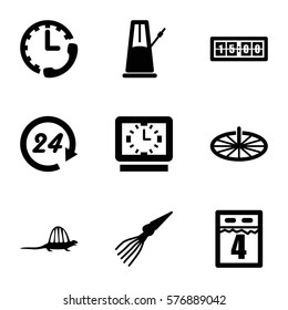 Time icon. Set of 9 Time filled icons such as sundial, 4th date calendar, 24 hours, pendulum, digital clock, clock, stopwatch, extinct sea creature