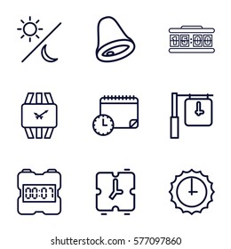 Time icon. Set of 9 Time outline icons such as wrist watch, sundial, sun and moon, calendar with clock, digital clock, clock, bell