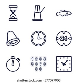 Time icon. Set of 9 Time outline icons such as wall clock, 24 hour, hourglass, pendulum, clock, digital clock, bell, stopwatch