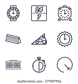 Time icon. Set of 9 Time outline icons such as wall clock, wrist watch for woman, sundial, calendar, 24 7 hour, digital clock