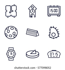 Time icon. Set of 9 Time outline icons such as wrist watch for woman, sundial, calendar, cuckoo clock, digital clock, alarm