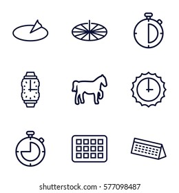 Time icon. Set of 9 Time outline icons such as wrist watch, sundial, calendar, stopwatch