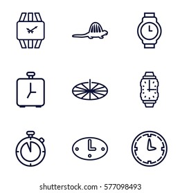 Time icon. Set of 9 Time outline icons such as wall clock, wrist watch, sundial, alarm, stopwatch